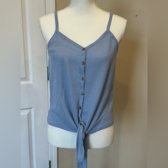 Hippie Rose Blue Waffle Knit Button Front Tie Hem Tank Top Size Large - Picture 3 of 6
